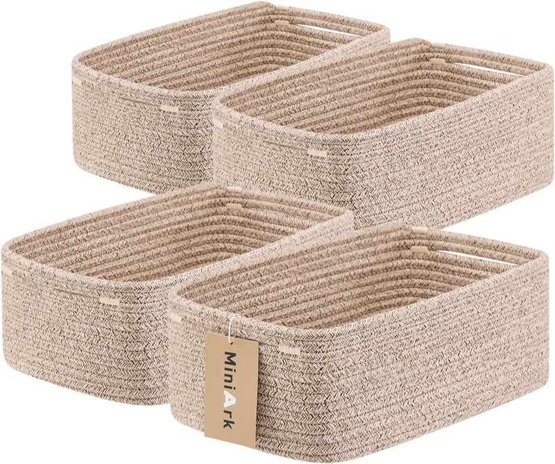 MiniArk Small Storage Baskets for Organizing | Closet Organizer Bins | Shelf Toy Basket | Woven Rope Baskets | Cube Decorative Box | Shallow Basket | 13x8.5x5.1” | 4 Packs Mixed Brown - Image 1